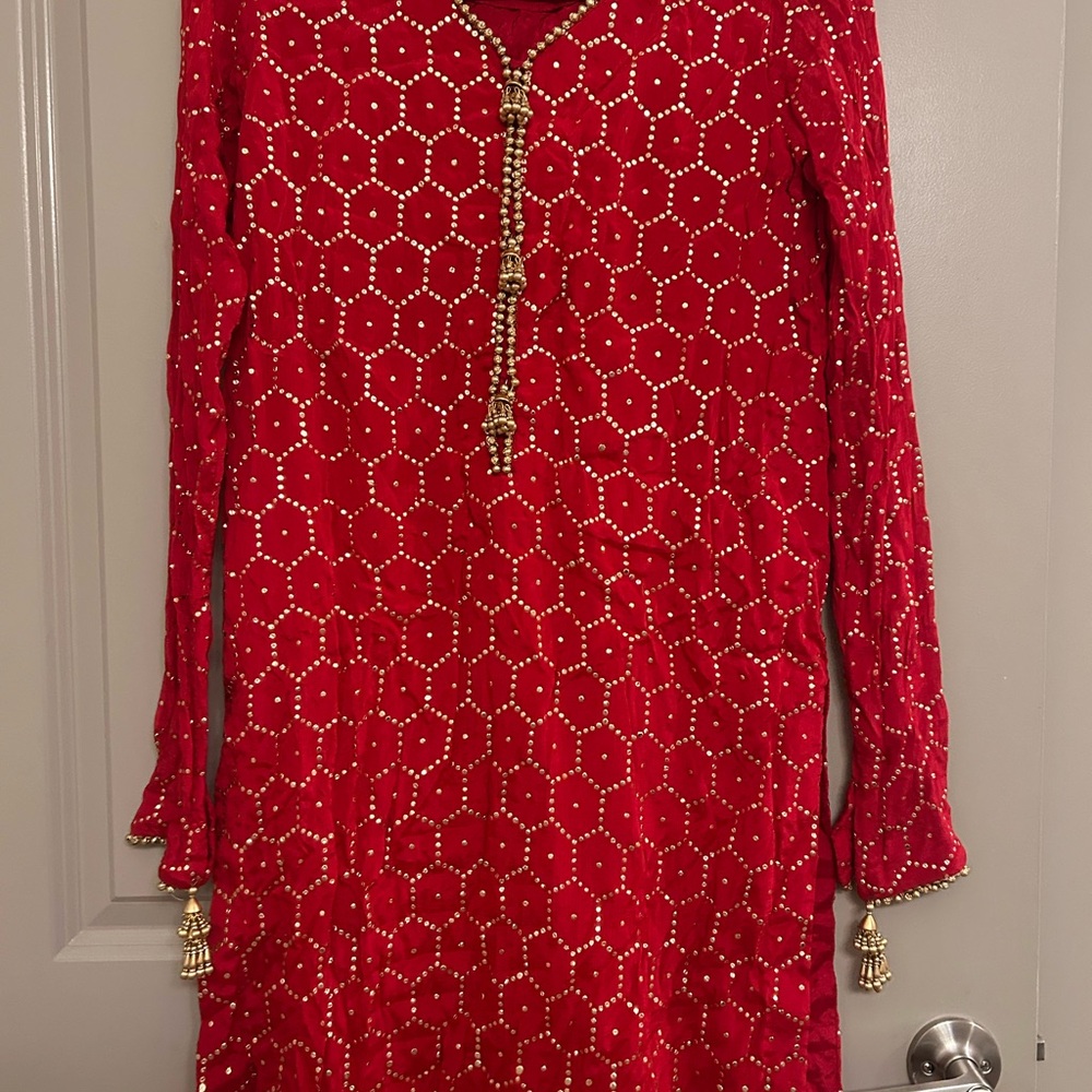 Pakistani designer Red Long Sleeve embellished dress